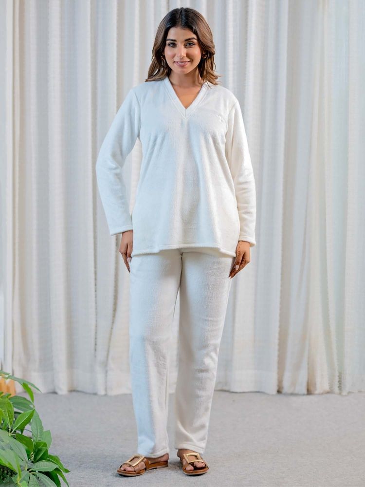 FEATHERS CLOSET V-Neck Super Soft White Woollen Nightsuit-image-44