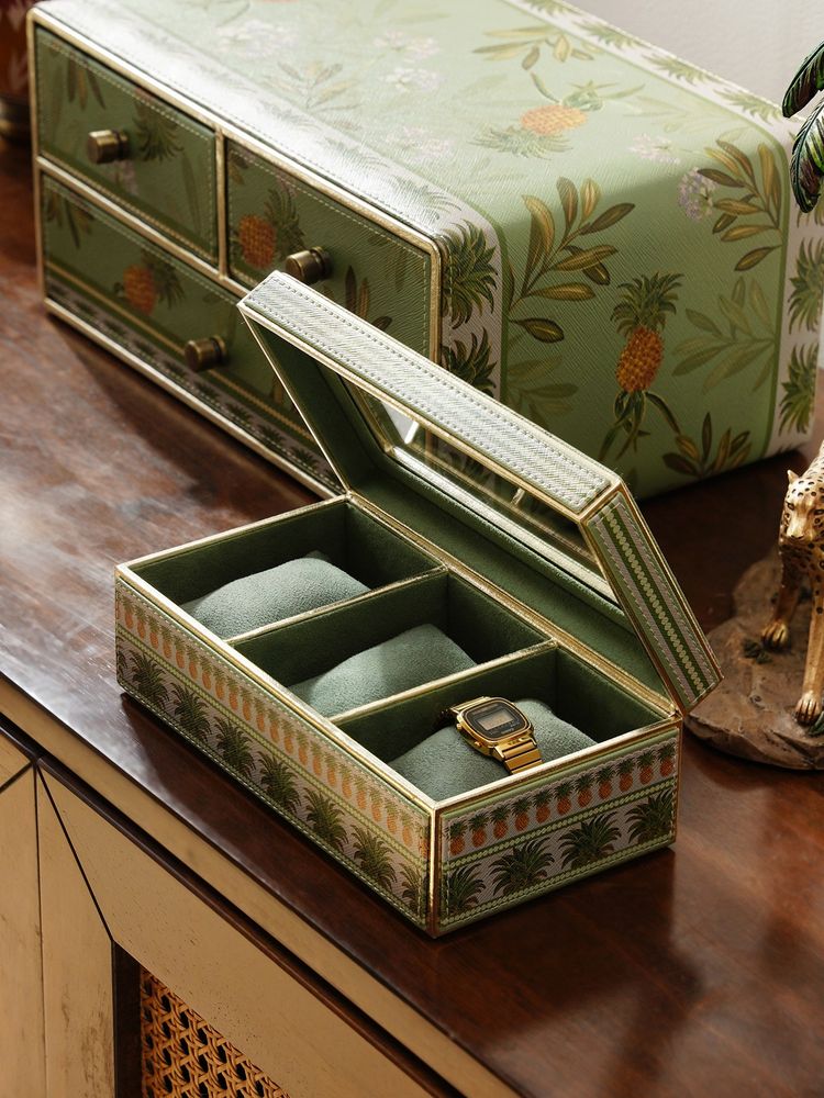 Pure Home + Living Green 3 Part Pineapple Print Faux Leather Watch Box-image-48