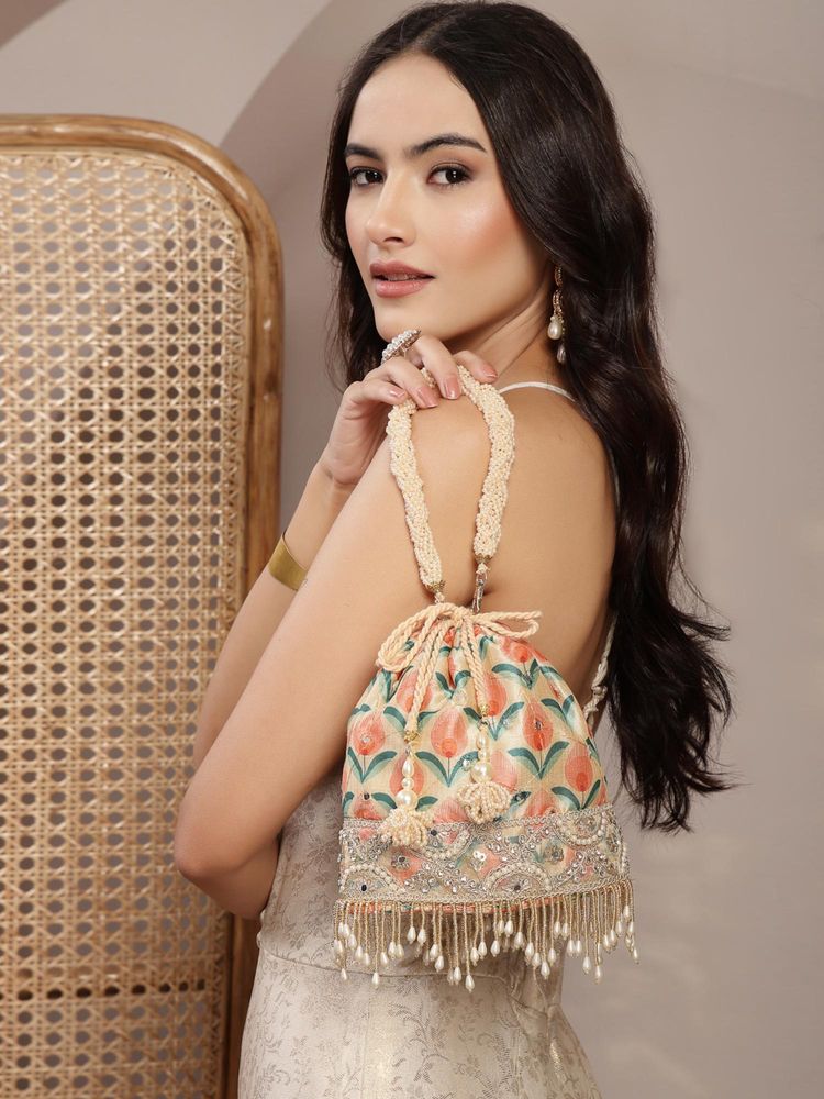 Anekaant Women's Jashn Edit Beige Faux Silk Floral Print Potli-picture-15