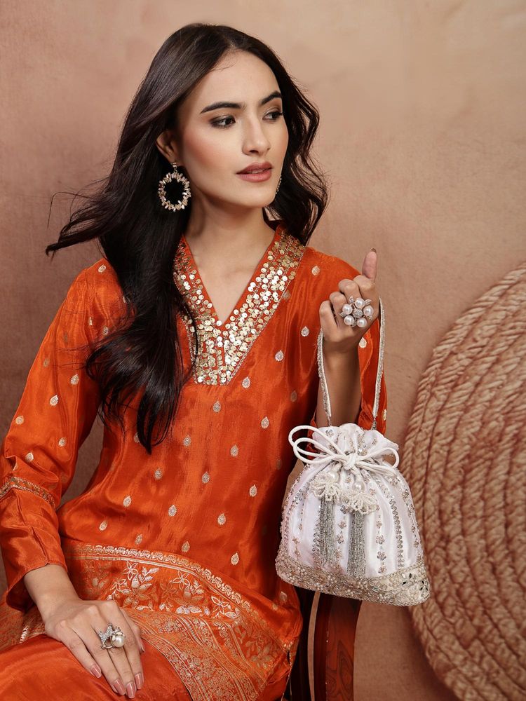 Anekaant Women's Noor Edit White Satin Floral Striped Embellished Potli-image-45