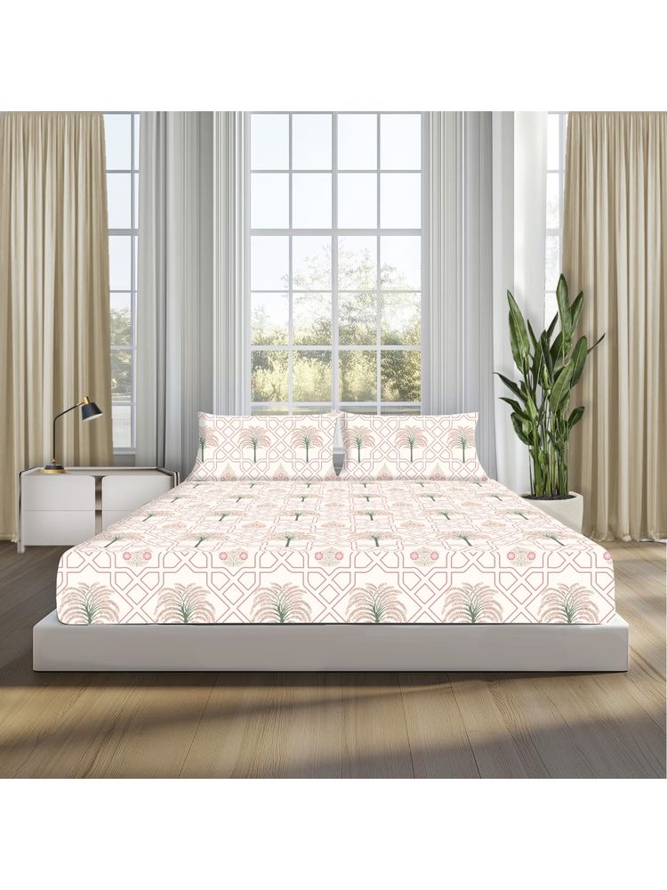 SLEEPSIA Multi-Color Lounge King Size Palm Tree Jaipuri Maze Bedsheet & 2 Pillow Cases-image-13