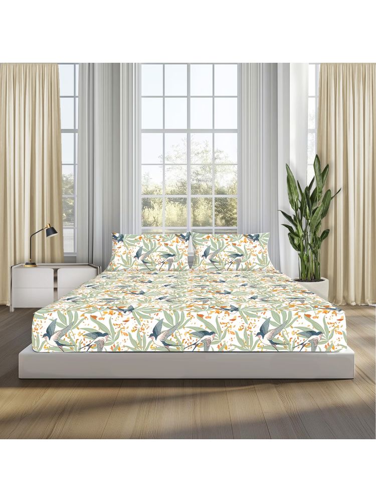 SLEEPSIA Multi-Color Lounge Queen Size Fall Birds Bedsheet with 2 Pillow Covers-picture-38
