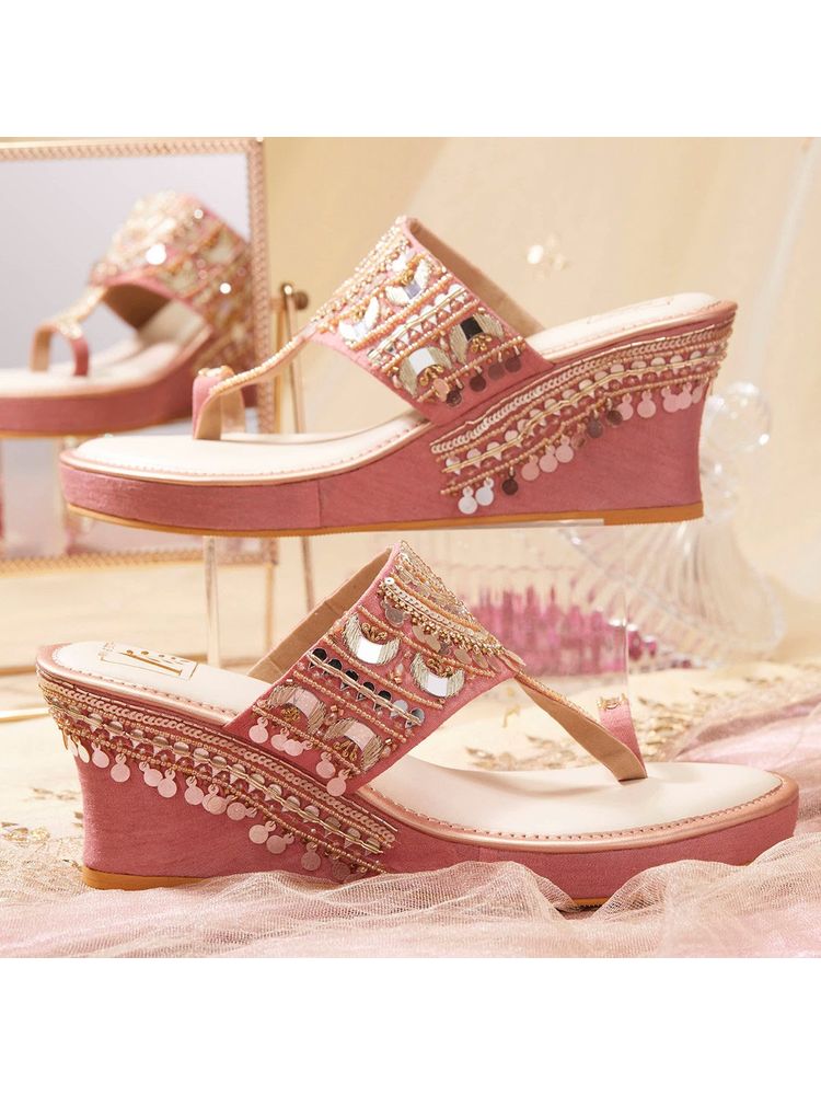 House of Vian Mahnaaz Pink Embellished Wedges-image-28