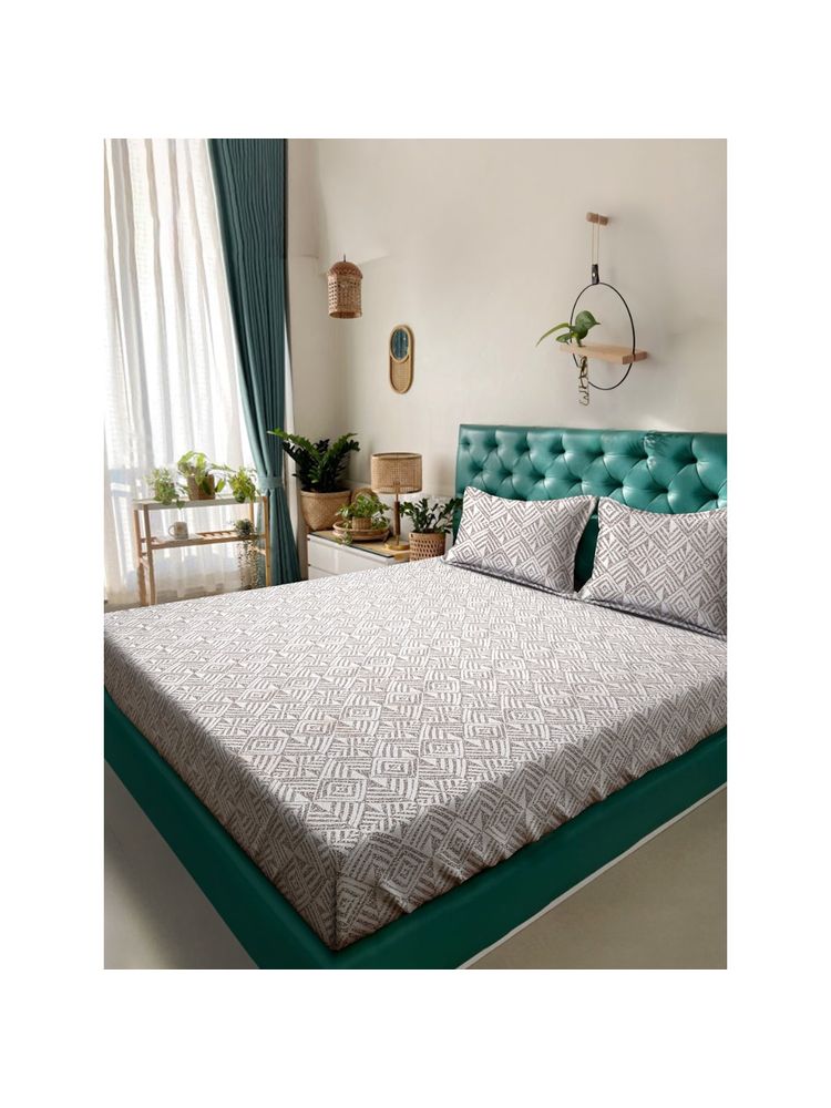 HOSTA HOMES 280 Tc Mixed Cotton Queen Size Fitted Bed Sheet with 2 Pillow Covers-picture-35