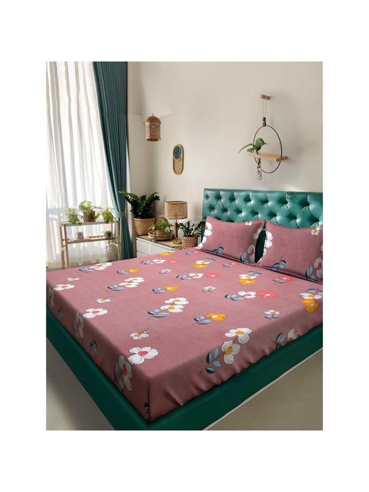 HOSTA HOMES 280 Tc Mixed Cotton Queen Size Fitted Bed Sheet with 2 Pillow Covers-picture-36