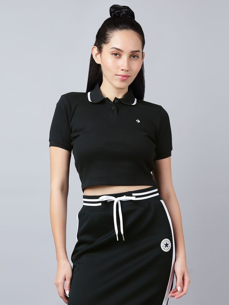 Converse Women Black Slim Fit Button Up Crop Polo T-shirt-image-20