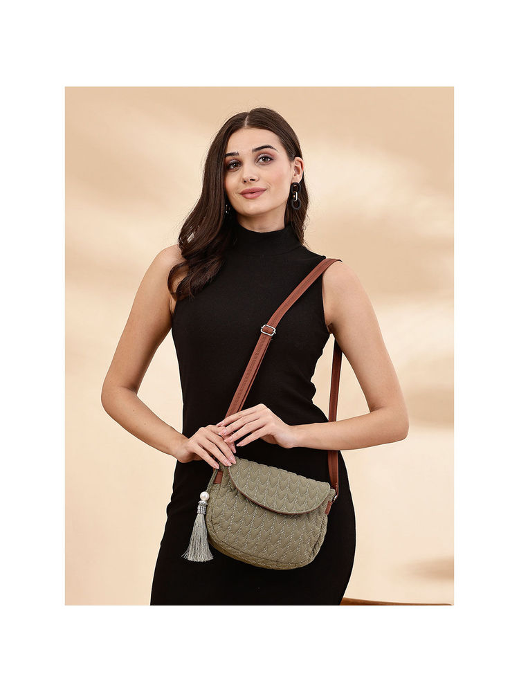 anekaant Uno Olive Green and Tan Polyester and Vegan Leather Chevron Quilted Sling Bag-picture-13