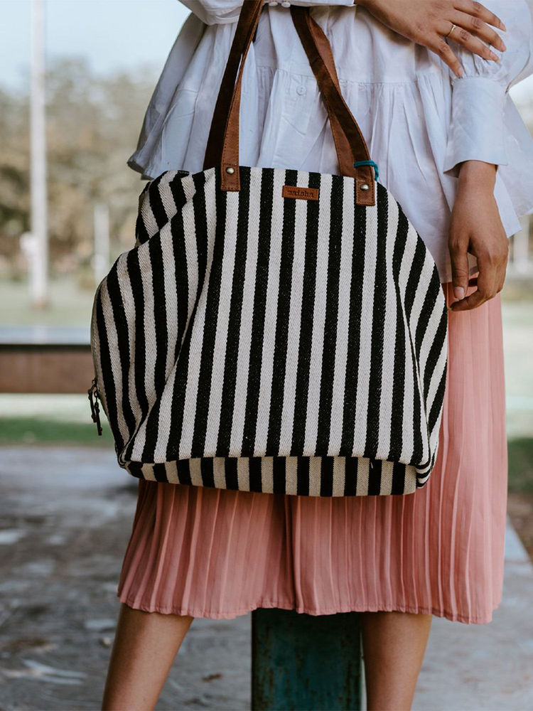 Maisha by Esha Maisha Lifestyle Black And White Stripes Three Pocket Jacquard Bag