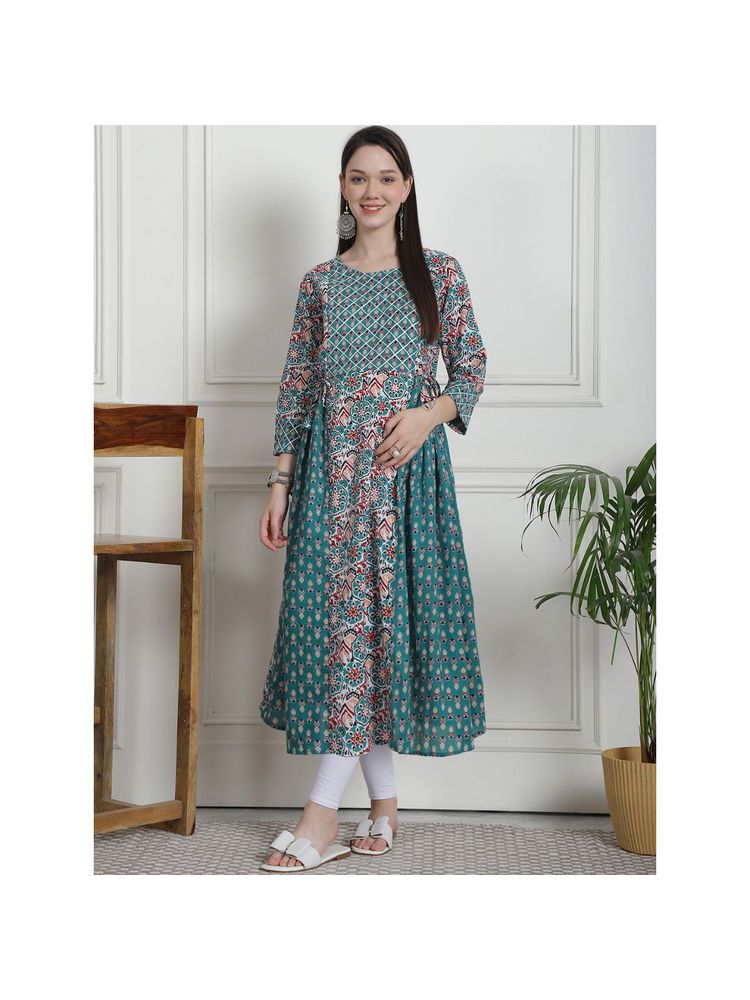 Secret Wish Floral Print Teal Cotton Maternity Kurta-picture-14