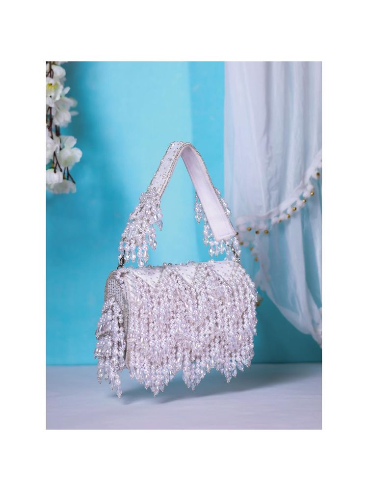 SWISNI White Crystal Embroidered Flap Clutch-picture-10
