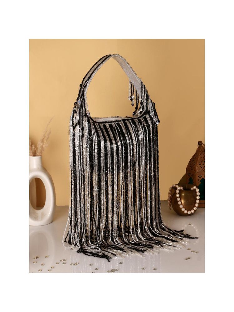 SWISNI Black & Silver Luxury Tassel Latkan Clutch Bag-picture-39