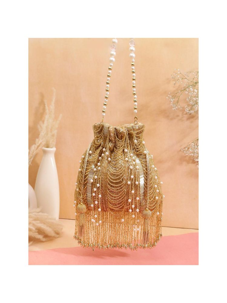 SWISNI Womens Gold Embroidered Potli Bag