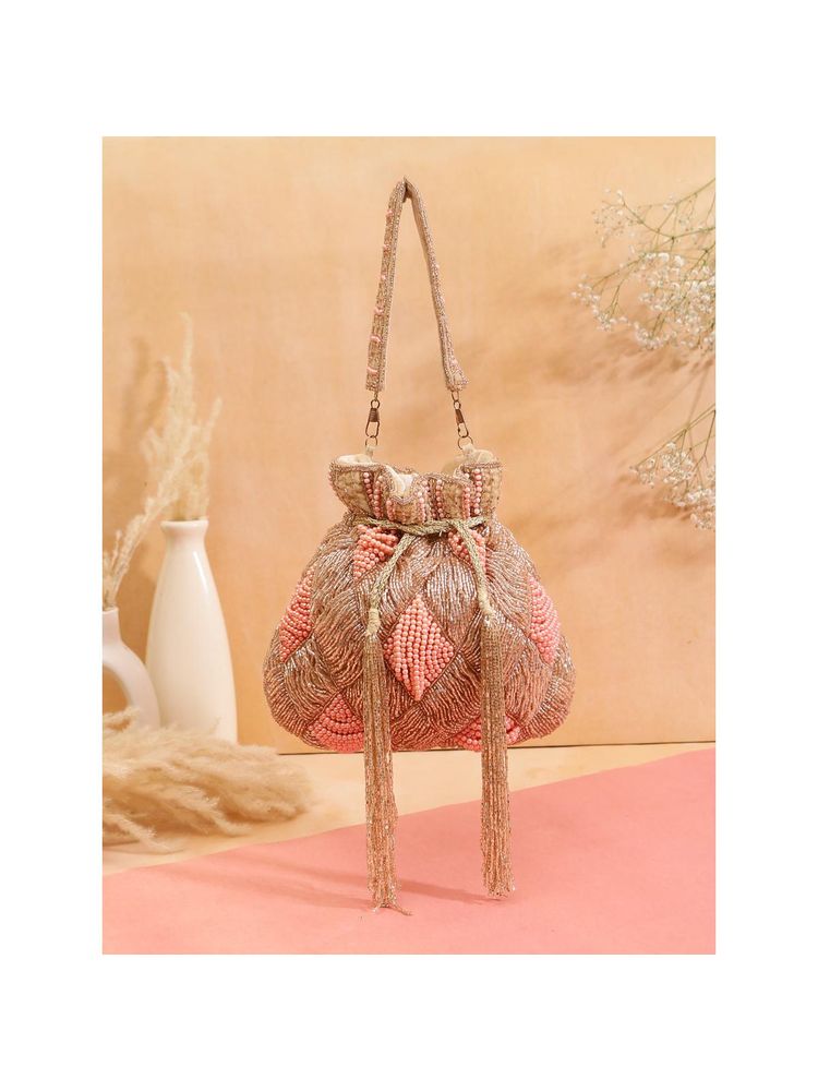 SWISNI Womens Pink Embroidered Potli Bag