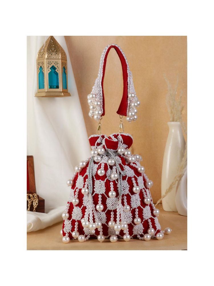 SWISNI Womens Maroon Embroidered Potli Bag-image-24