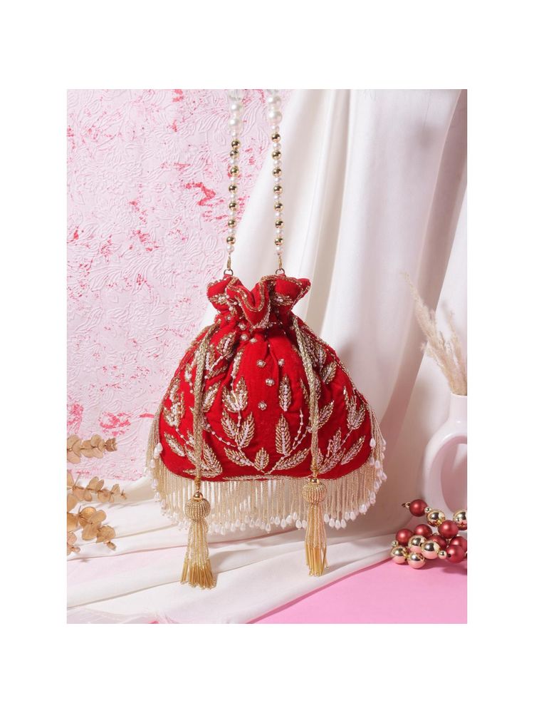 SWISNI Womens Red Embroidered Potli Bag