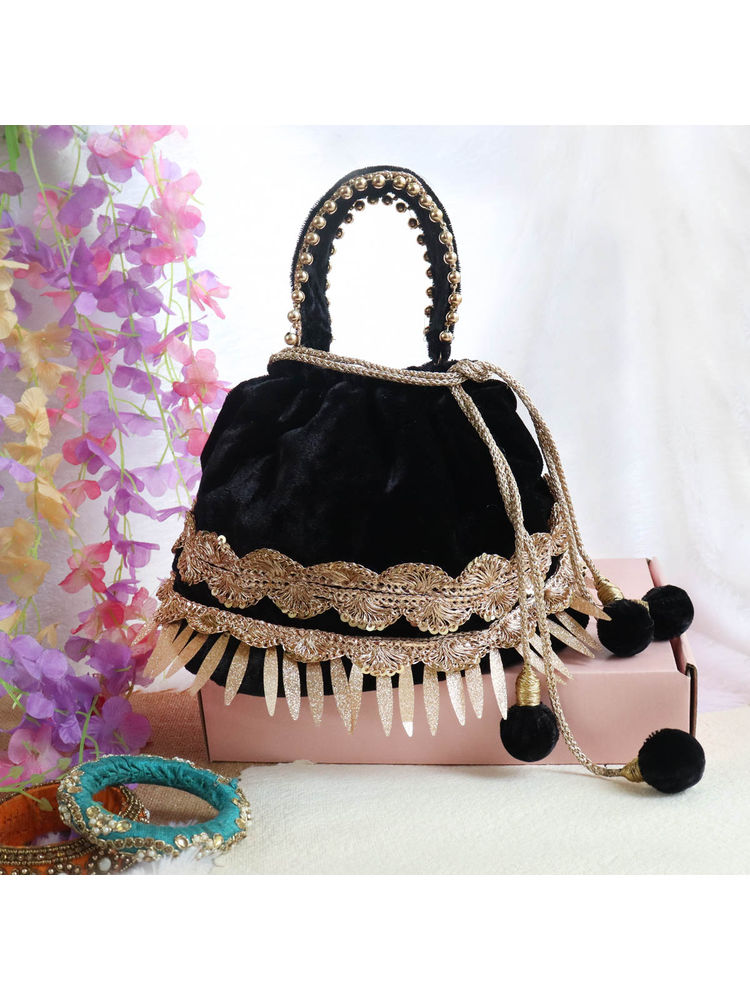 Soho Boho Studio Black Velvet Bucket Potli Bag-image-21