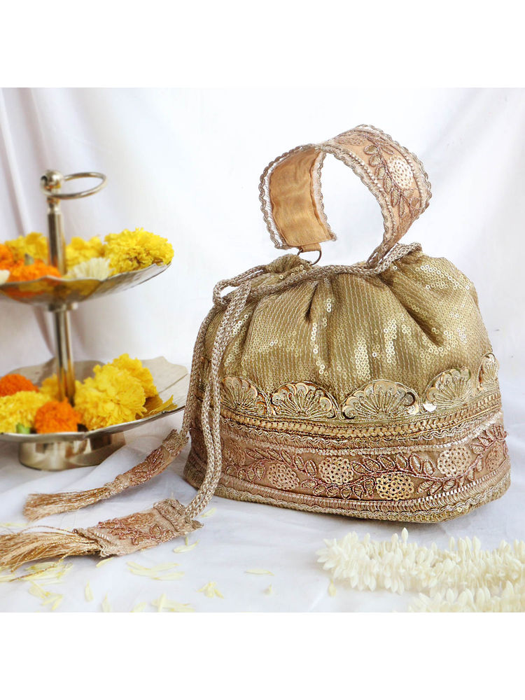 Soho Boho Studio Gold Cluster Sequenced Bucket Potli Bag-picture-18