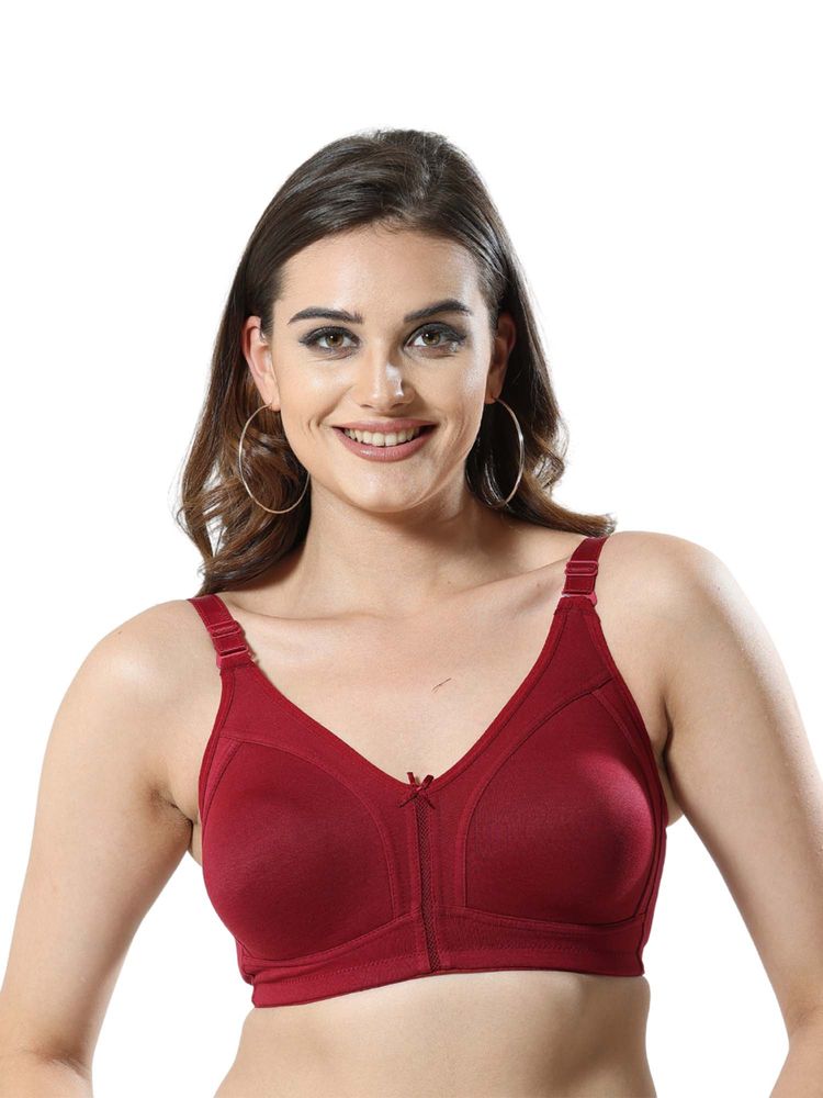 Bralux Full Coverage Non-Padded Non-Wired Seamless Bra-Wide Elastic & Wing-Maroon-image-4