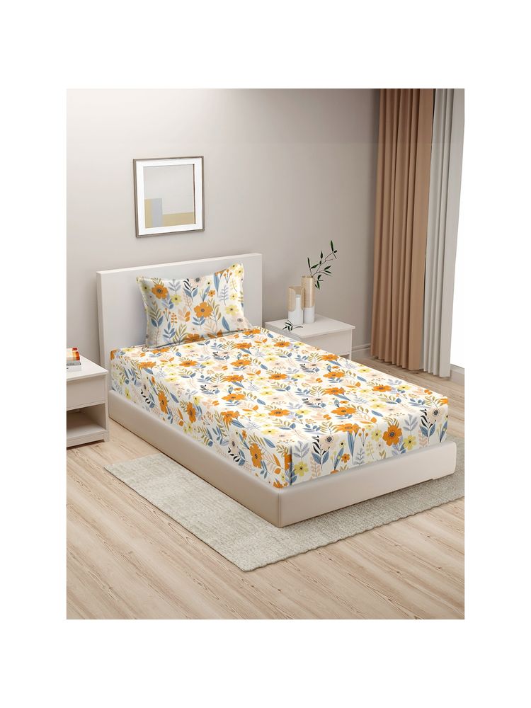 HOSTA HOMES White Orange Floral 210 Tc Cotton Flat Single Bedsheet with 1 Pillow Cover-picture-27