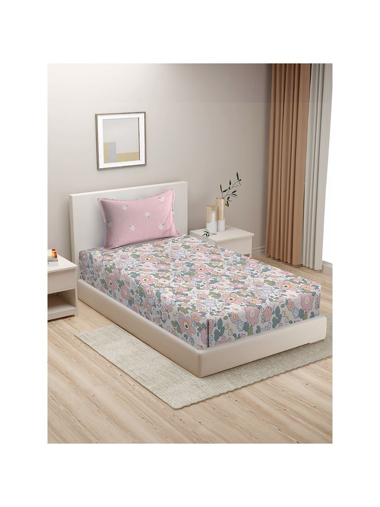 HOSTA HOMES Pink Blue Floral 210 Tc Single Bedsheet with 1 Pillow Cover-picture-28
