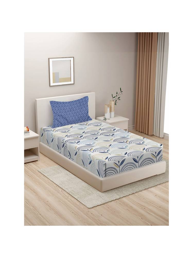 HOSTA HOMES White Blue Geometric 210 Tc Cotton Single Bedsheet with 1 Pillow Cover-picture-10