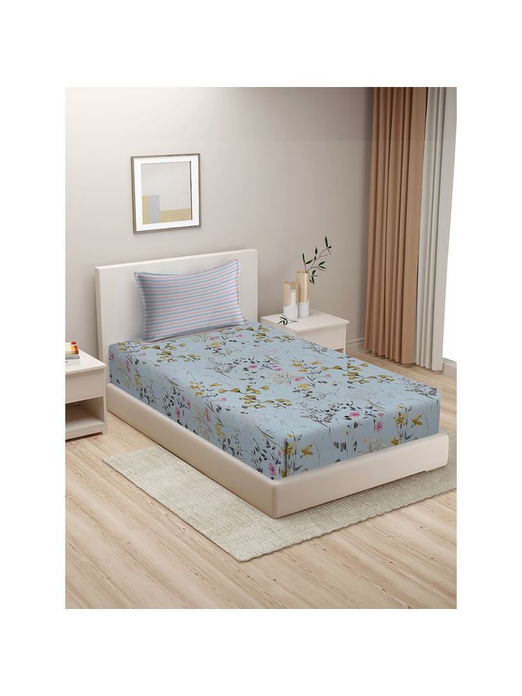 HOSTA HOMES Blue Green Floral 210 Tc Cotton Single Bedsheet with 1 Pillow Cover-picture-7