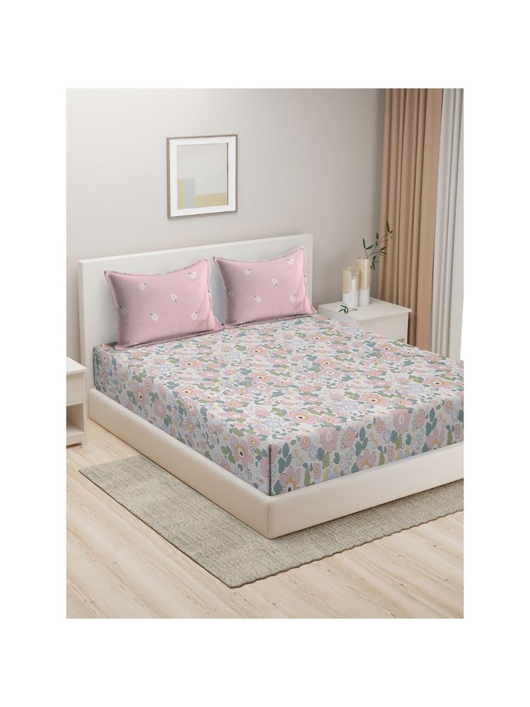 HOSTA HOMES White Pink Floral 280 Tc King Pure Cotton Bedsheet with 2 Pillow Covers