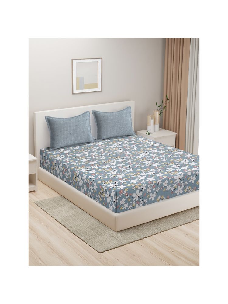 HOSTA HOMES Blue White Floral 280 Tc King Pure Cotton Bedsheet with 2 Pillow Covers-picture-13