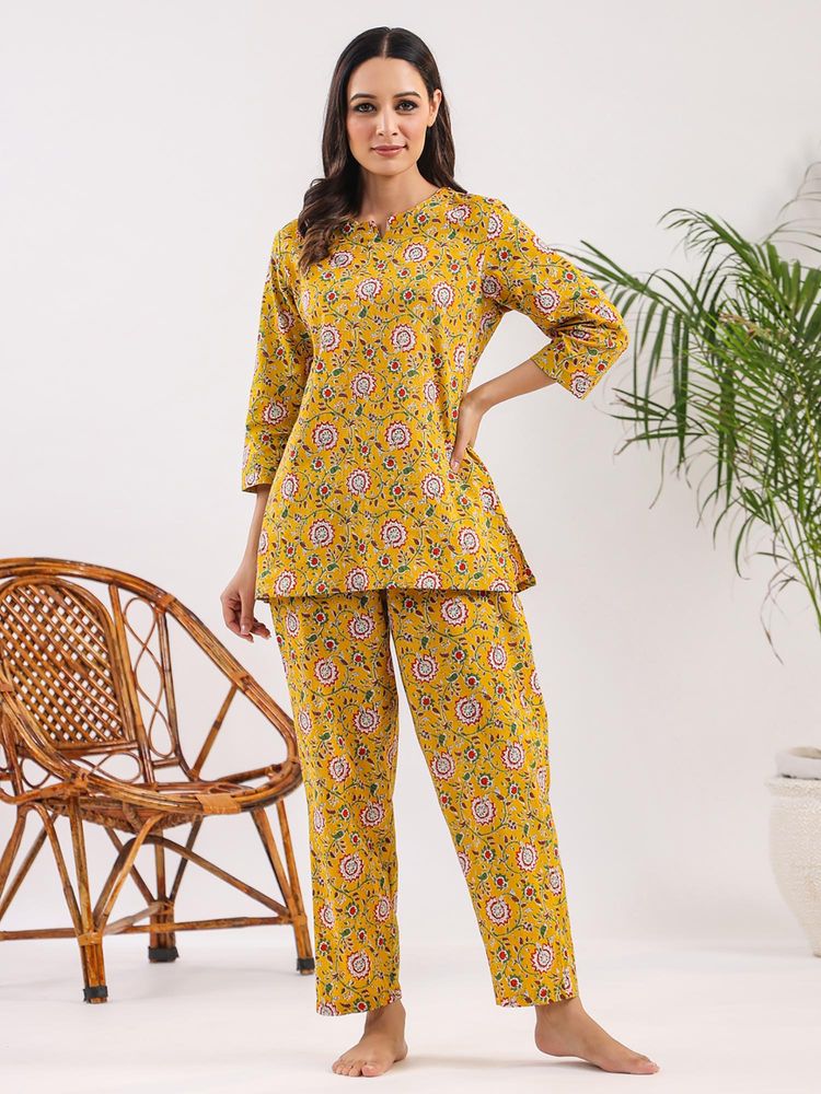 SANSKRUTIHOMES Mustard Printed Regular Kurta and Pyjama-image-1