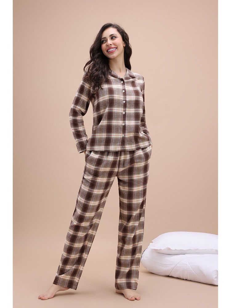 Zivame Brown Checks Regular Shirt and Pyjama-image-22