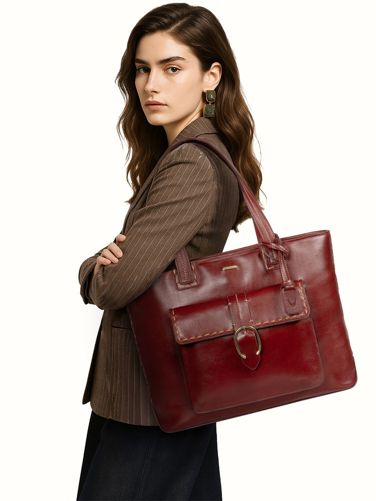 Hidesign Lowell 02 Genuine Leather Womens Maroon Tote Bag-image-5