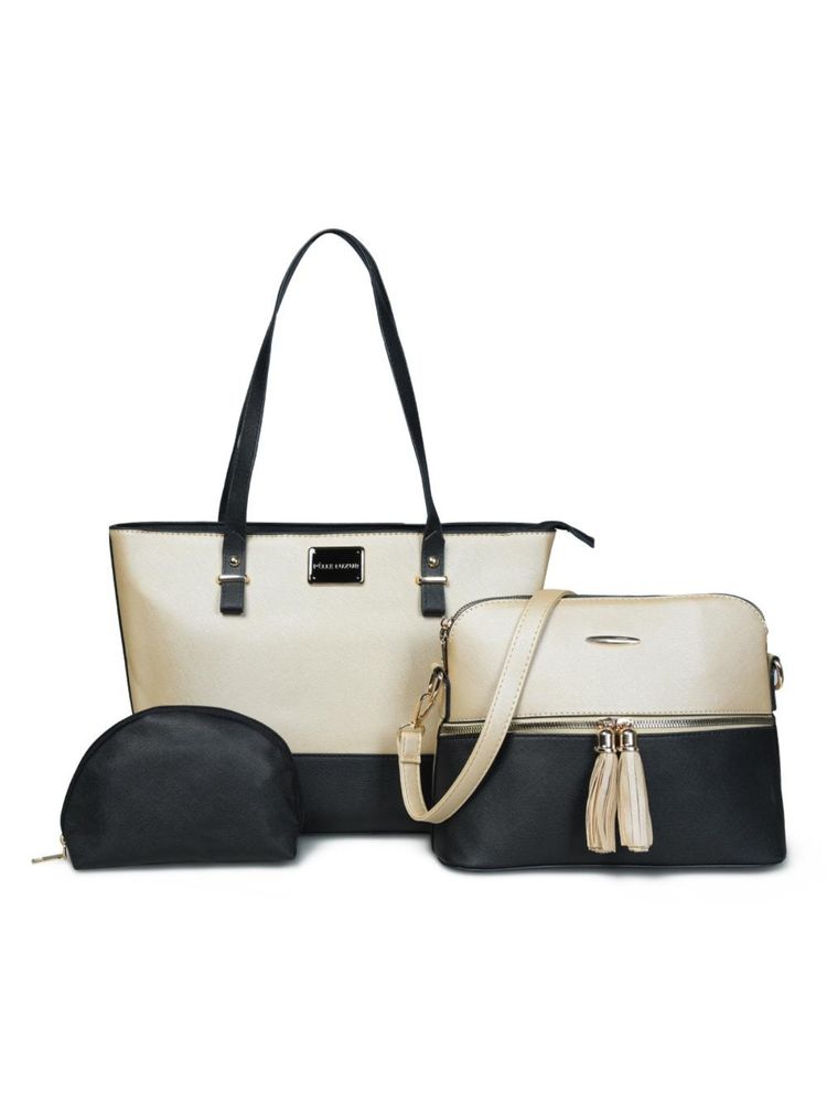 Pelle Luxur Stylish Golden/Black Satchel Bag for Women with Pouch (Set Of 3) (M)-picture-13