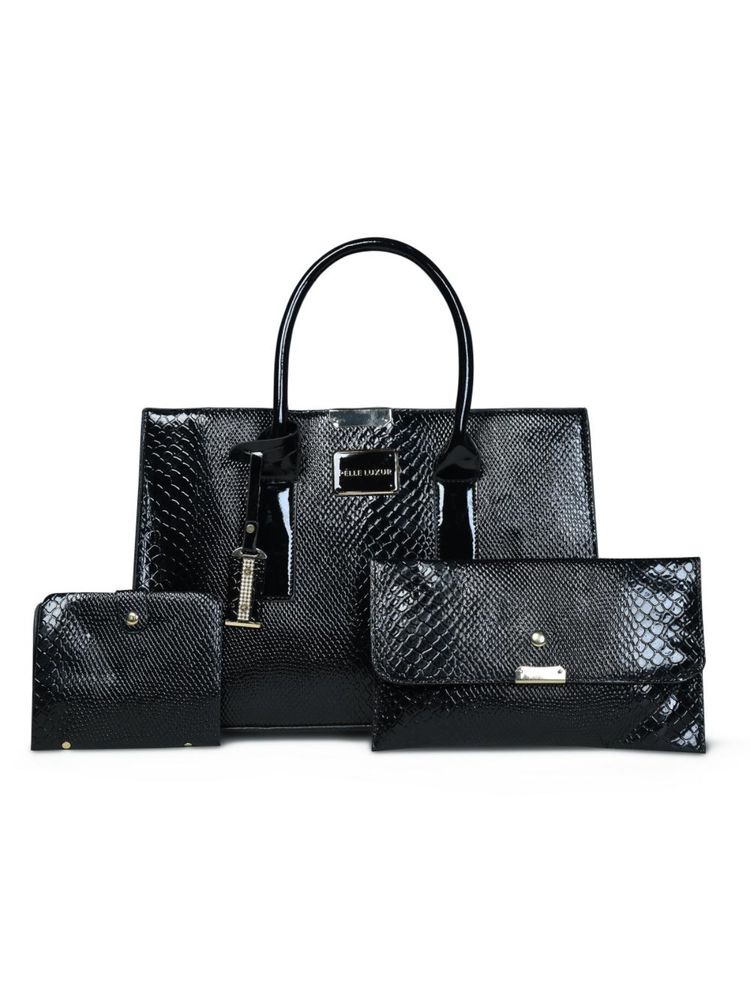 Pelle Luxur Stylish Black Satchel Bag for Women with Pouch (Set Of 3) (M)-image-0