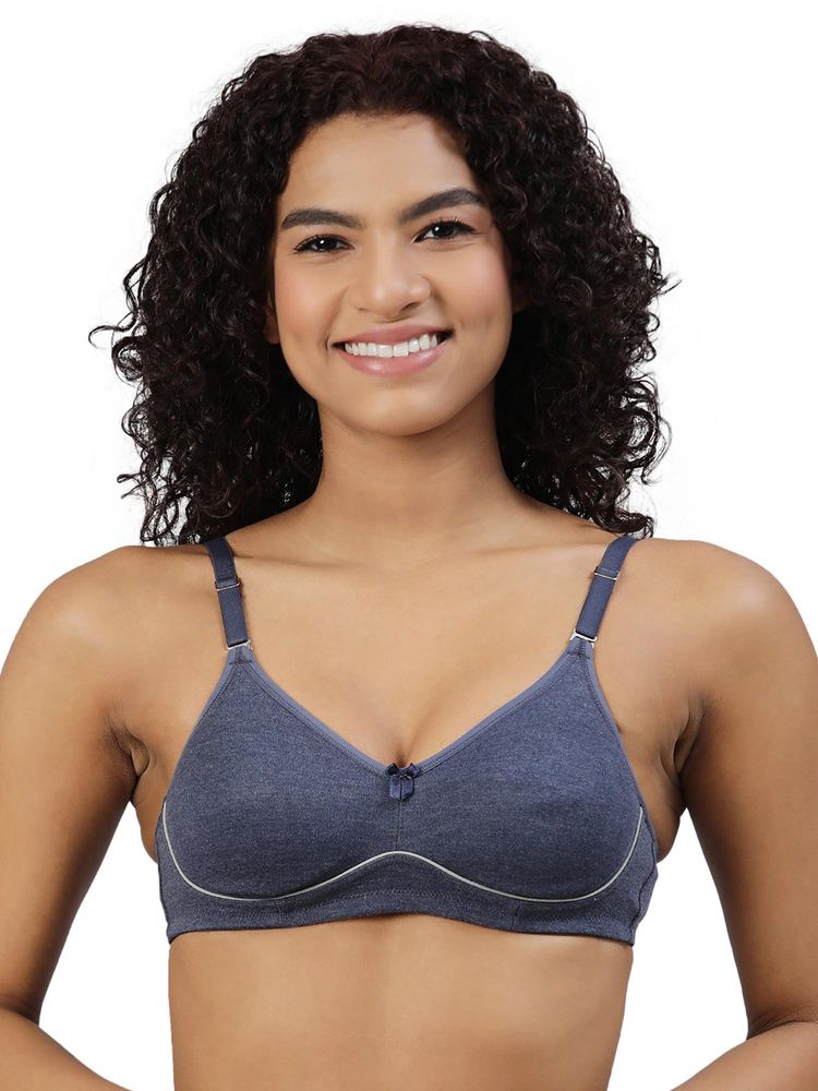 BLOSSOM Navy Blue Solid Non-Padded Seamed Full Coverage Bra-image-4