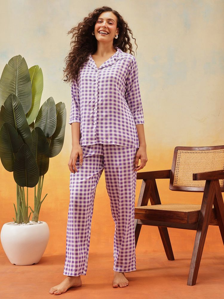 Clovia Classy Checks Button Me Up Shirt & Pyjama Set in White - Cotton Rich-image-10