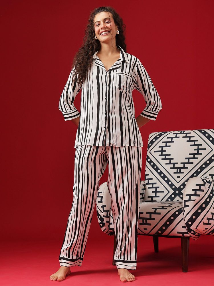 Clovia Sassy Stripes Button Me Up Shirt & Pyjama - Cotton Rich - White-image-4