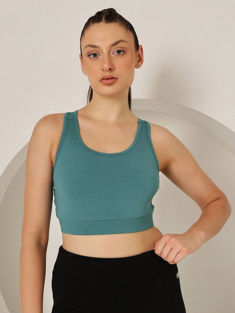 Clovia Medium Impact Padded Sports Bra In Stone With Racerback
