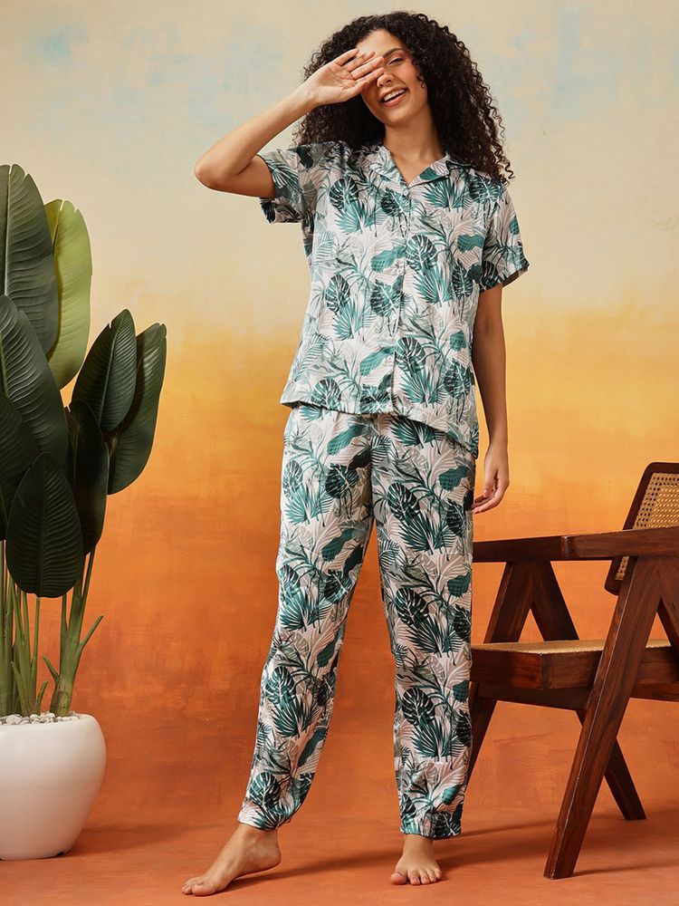 Clovia Satin Printed Shirt And Pyjama Green (Set of 2)-picture-21