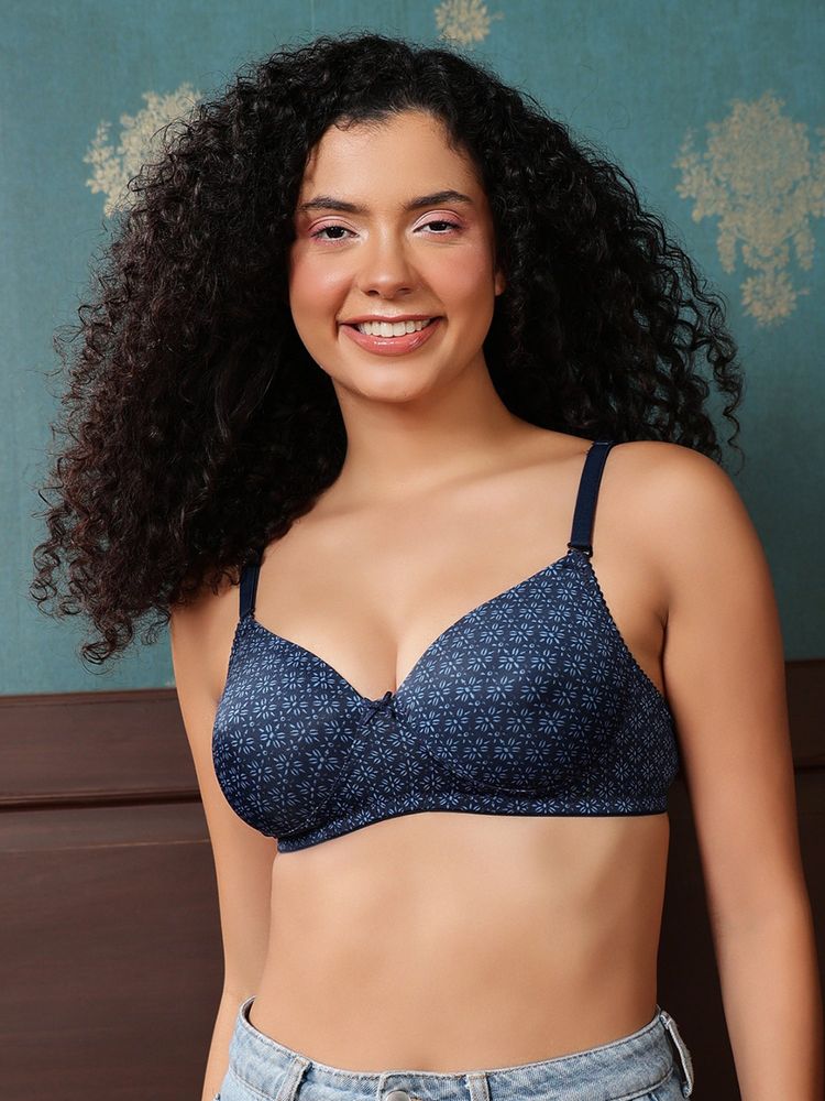 Clovia Padded Non-Wired Full Coverage Floral Print Multiway T-shirt Bra (Navy Blue)-picture-19