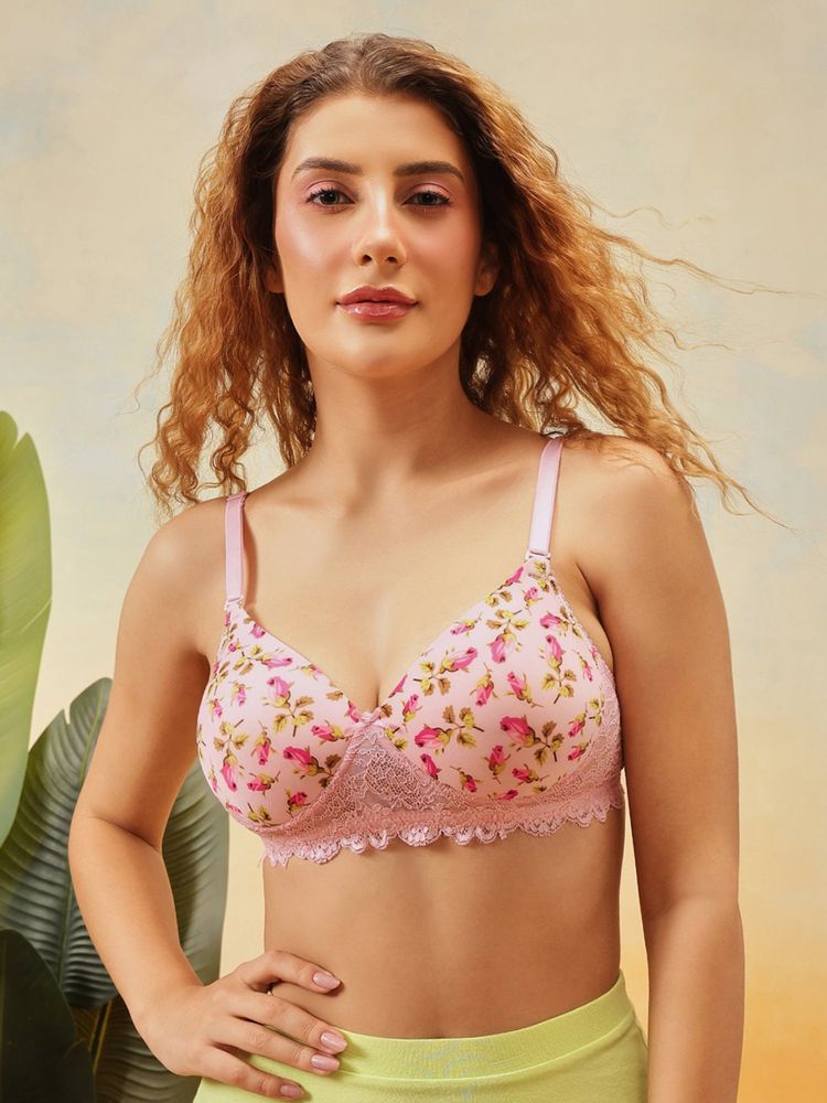 Clovia Light Pink Padded Non-Wired Full Coverage Floral Print Multiway T-Shirt Bra-picture-11