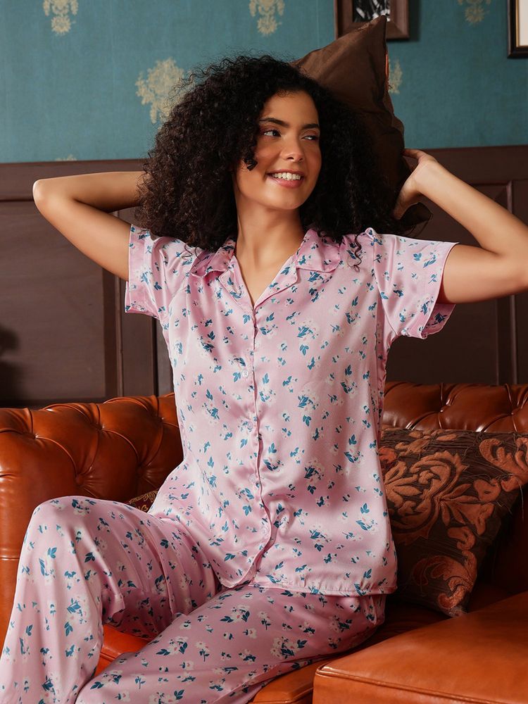 Clovia Pink Satin Floral Print Button-Down Shirt and Pyjama-picture-22