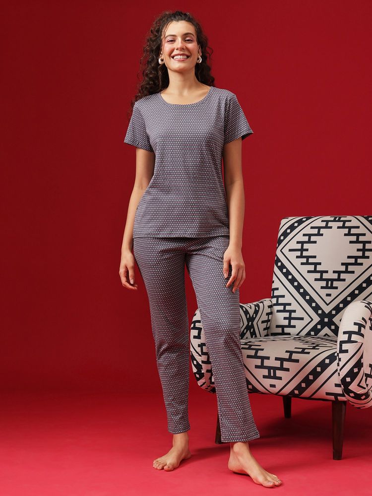 Clovia Navy Blue Cotton Printed T-Shirt and Pyjama-image-18