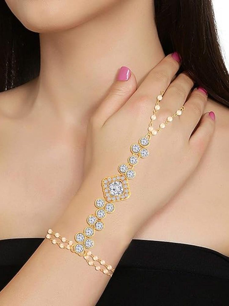 I Jewels Traditional Gold Plated Pearl Hath Punja Bracelet With Ring For Women-image-45