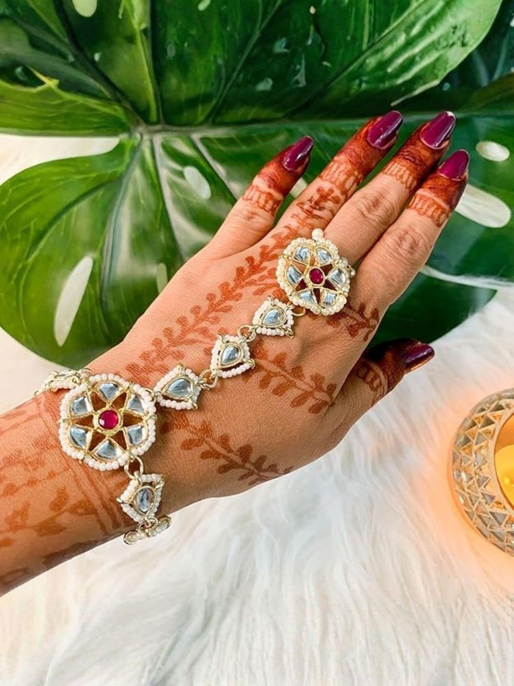 I Jewels Gold Plated Kundan Studded & Pearl Beaded Ring Bracelet-image-42