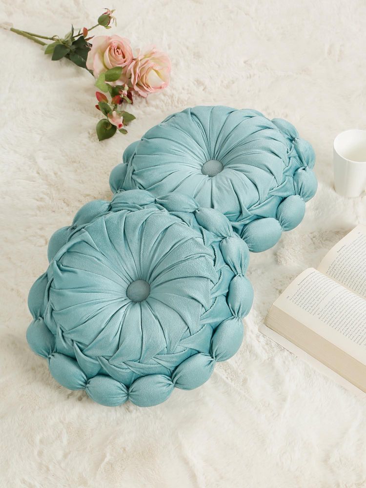 HOSTA HOMES Soft Velvet Floral Design Reversible Cushion Cover Aqua (Pack of 2) (16X16 Inches)-picture-1