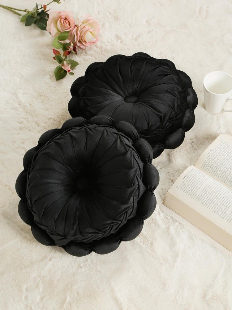 HOSTA HOMES Soft Velvet Floral Design Reversible Cushion Cover Black (Pack of 2) (16X16 Inches)-image-22