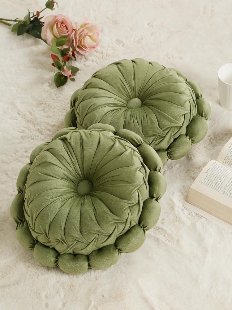 HOSTA HOMES Soft Velvet Floral Design Reversible Cushion Cover Olive (Pack of 2) (16X16 Inches)-image-1