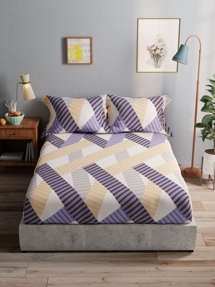 BIANCA 100% Pure Cotton Double Bedsheet With 2 Pillow Covers -3pc-set Geometric-Blue-Multi-picture-27
