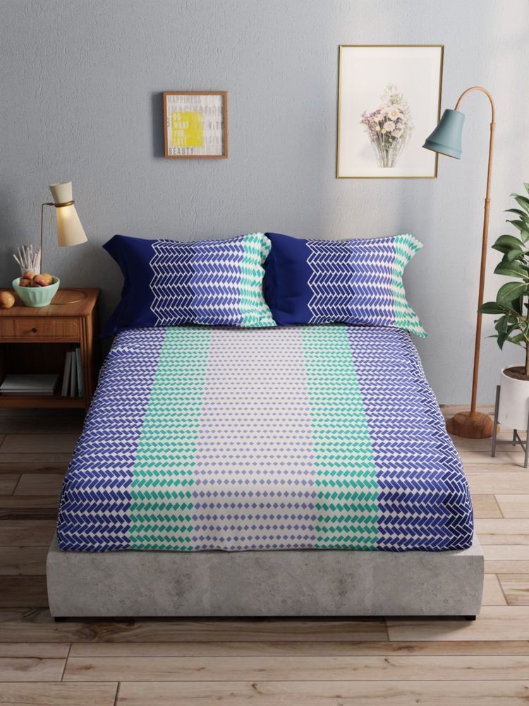 BIANCA 100% Pure Cotton Double Bedsheet With 2 Pillow Covers -3pc-set Geometric-Blue-Multi-image-20
