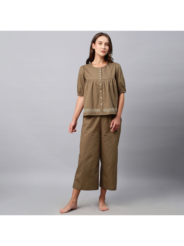 Chemistry Crisp Poplin Co-ord Embroidered Swing Basque Top And Cropped Pj's Olive (Set of 2)-picture-12
